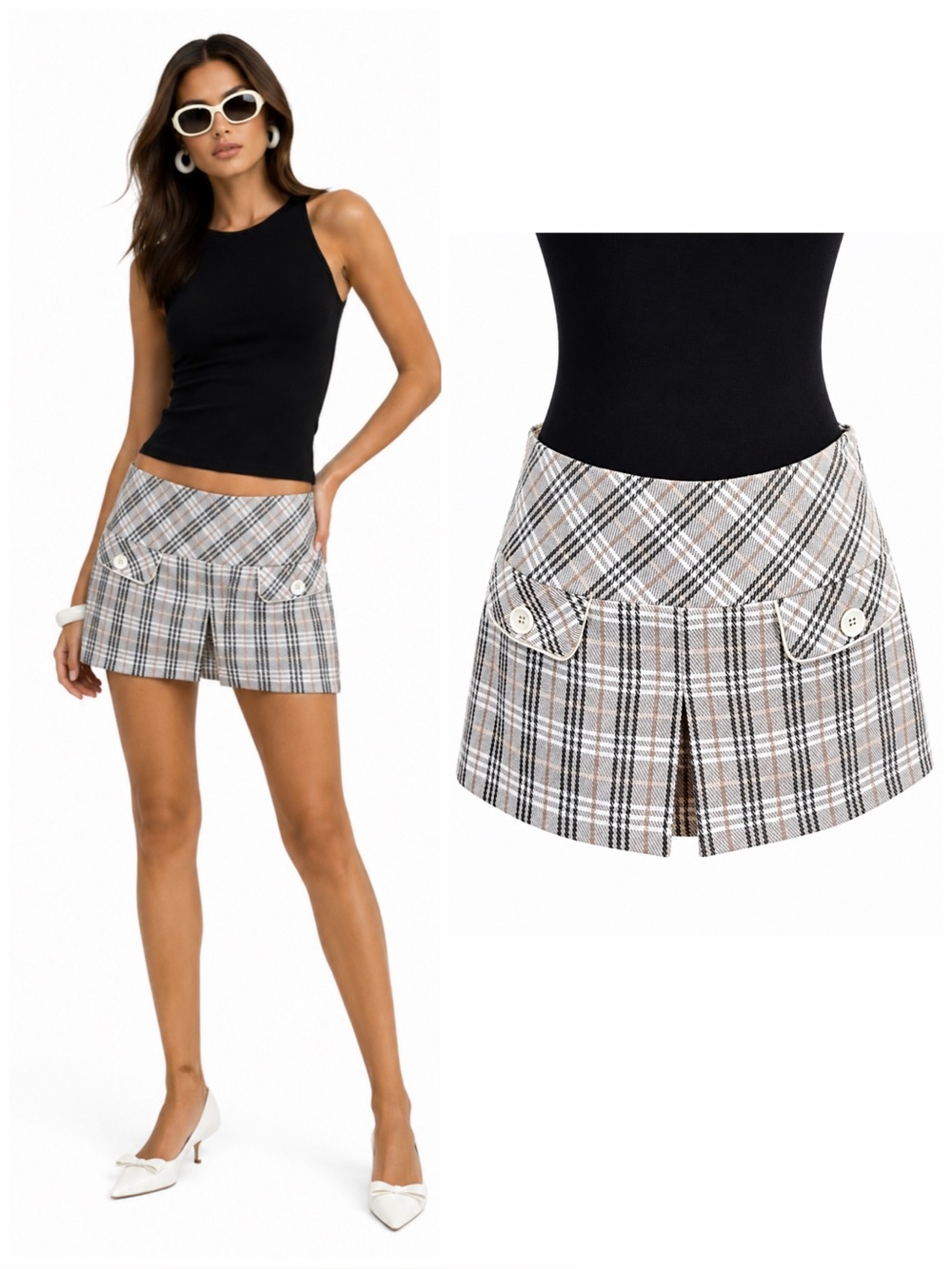 Vintage Y2K Plaid Mini Skirt Beige Checkered Academia Preppy Schoolgirl 90s Sz 5